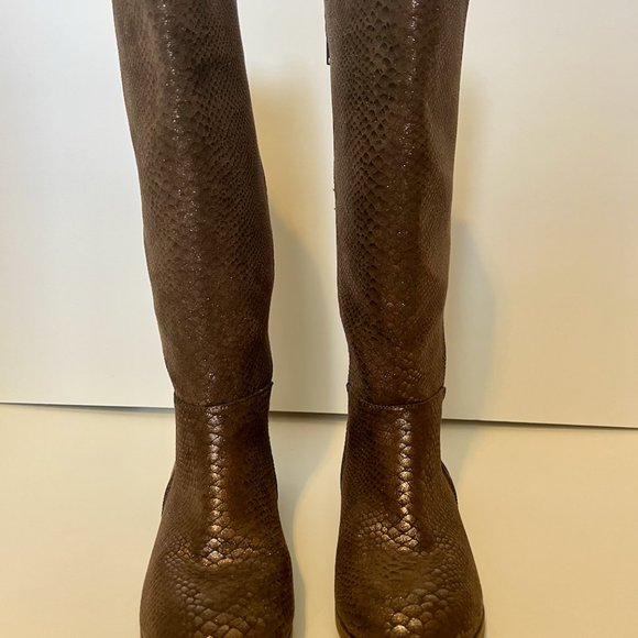 Kids Boots 4 Girl Shoes Child Knee High Boot Round Toe Snakeskin Brown Side Zip - Picture 1 of 7